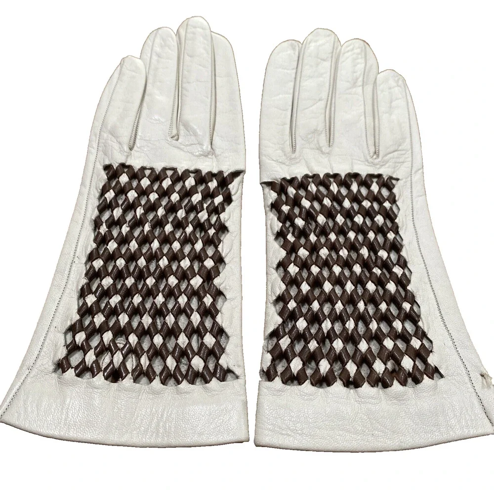 Vintage Ladies Size 7 Leather Gloves Cream & Brown Woven Leather Mid Century